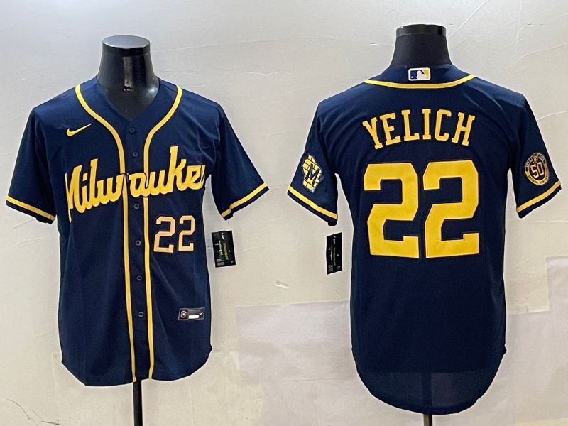 Men Milwaukee Brewers #22 Yelich Drak Blue Game 2025 Nike MLB Jersey style 03091->milwaukee brewers->MLB Jersey